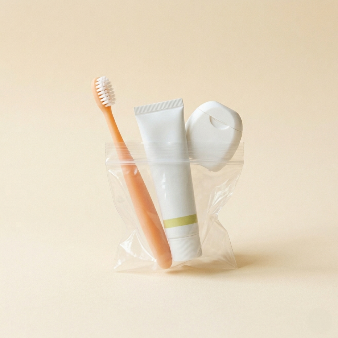 a small clear plastic goodie bag with a peach toothbrush, white toothpaste tube, and floss dispenser inside