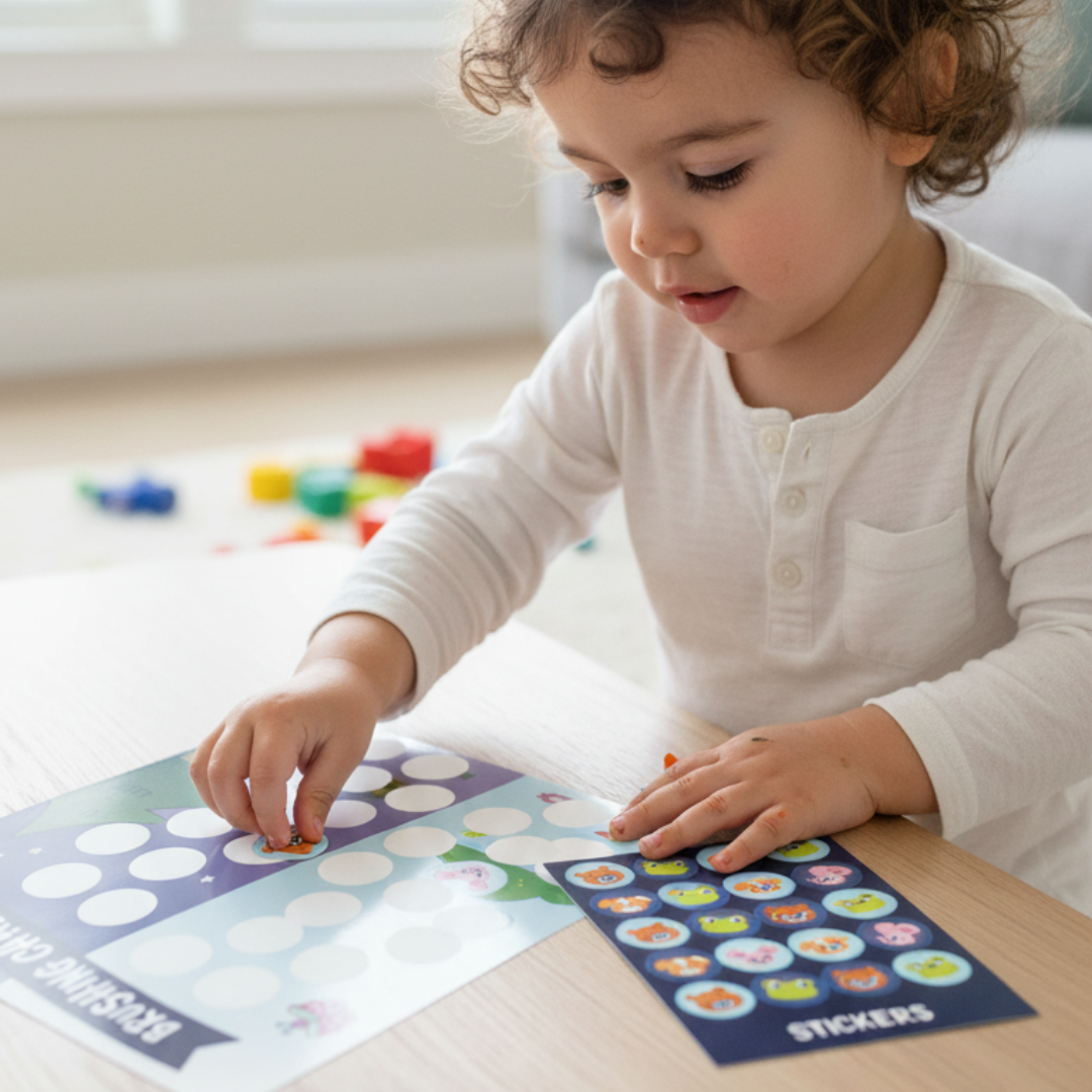 child placing stickers on brushing chart
